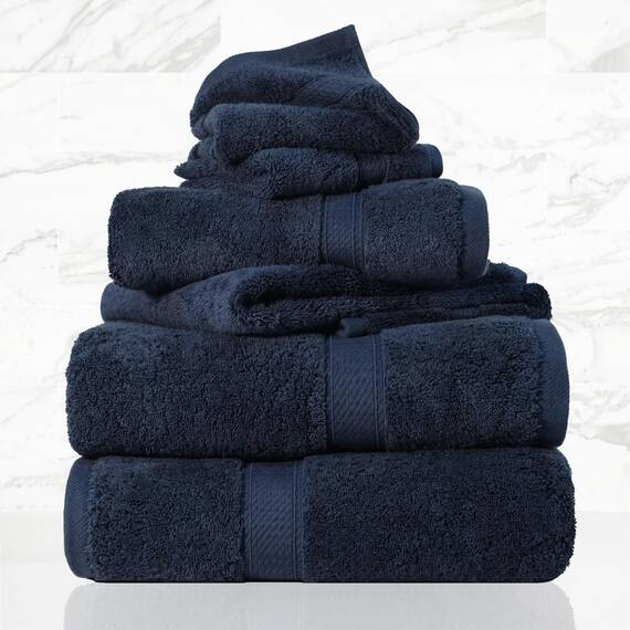 Superior Solides Handtuch-Set aus ägyptischer Baumwolle, Waschlappen 33 x 33 cm, Handtücher 50,8 x 76,2 cm, Badetücher 76,2 x 139,7 cm, Marineblau, 6-teilig