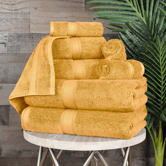 Superior 8-teiliges Handtuch-Set, ägyptische Baumwolle, 2 Badetücher, 2 Handtücher, 4 Gesichtshandtücher/Waschlappen, schwer, ultraweiche Handtücher, Dicker Plüsch, Gästebad, Spa, Hotelbad, Gold