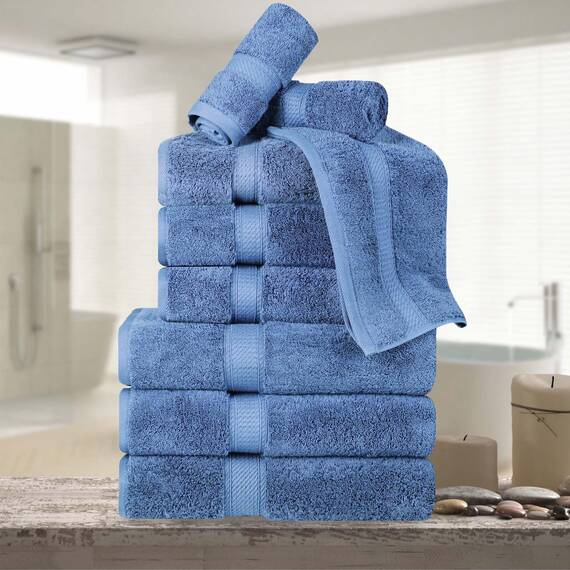 Superior 9-teiliges Handtuch-Set, ägyptische Baumwolle, 3 Badetuch, 3 Handtuch, 3 Gesichtshandtuch/Waschlappen, schwer, ultraweiche Handtücher, Dicker Plüsch, Gästebad, Spa, Hotelbad, Jeansblau