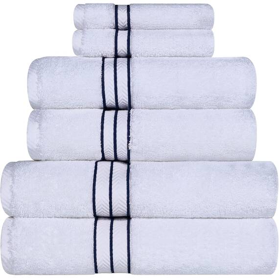 Superior - Hotelkollektion, luxuriöses Handtuchset, 100% Baumwolle, weiß/Marineblau, 900 Gramm, 6-teilig
