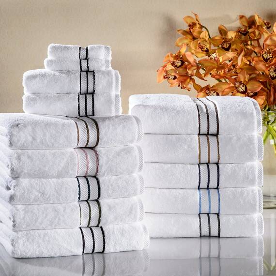 Superior - Hotelkollektion, luxuriöses Handtuchset, 100% Baumwolle, weiß/Marineblau, 900 Gramm, 6-teilig