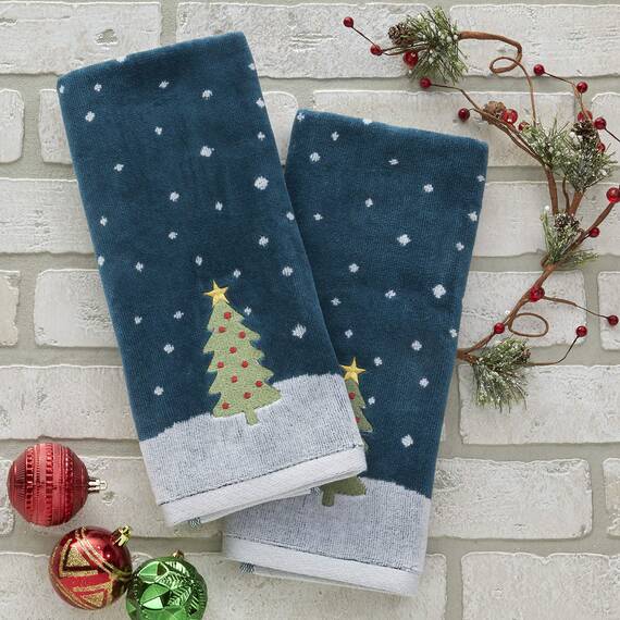 SKL Home Handtuch-Set für Weihnachten/Winter, Schlichtes Baum, 2-teiliges Set für Bad/Küche und Geschenk, Blaugrün