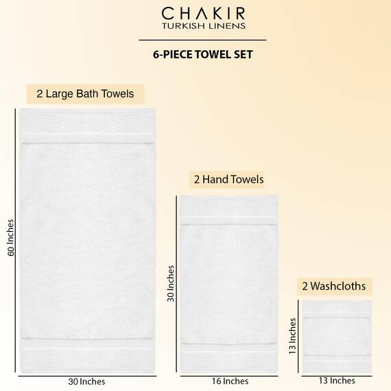 Chakir Turkish Linens Hochwertige türkische Handtücher für das Badezimmer, 100% Baumwolle, 2 große Badetücher, 2 Handtücher, 2 Waschlappen, (6-teiliges Handtuch-Set, Weiß)