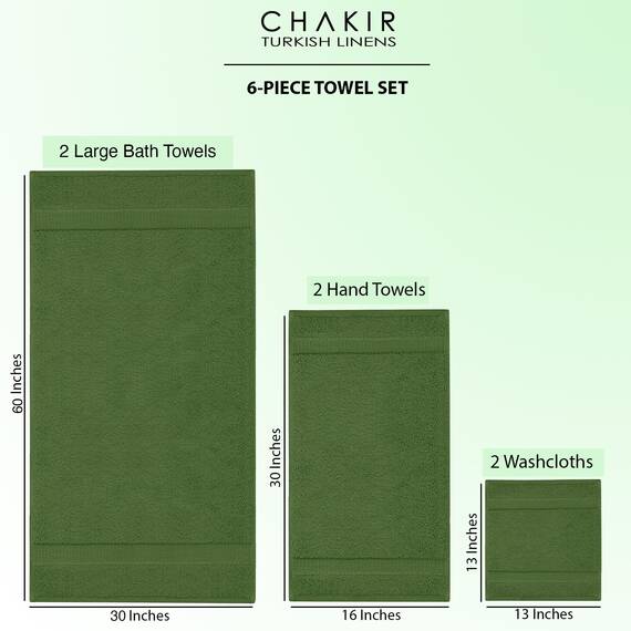 Chakir Turkish Linens Hochwertige türkische Handtücher für das Badezimmer, 100% Baumwolle, 2 große Badetücher, 2 Handtücher, 2 Waschlappen, (6-teiliges Handtuch-Set, Grün (Moss))