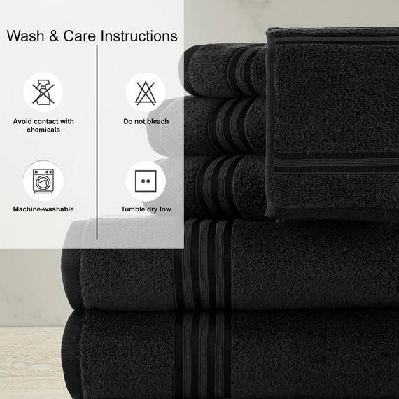 Casa Copenhagen 6-teiliges Set aus 100% Baumwolle – Radiant Black, 600 g/m², 2 Badetücher, 2 Handtücher, 2 Waschlappen, aus ägyptischer Baumwolle, ultraweiches Luxus-Set für Hotels.