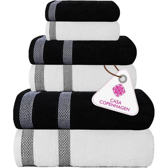 Casa Copenhagen, 6teiliges Designer Handtuch Geschenkset aus 100% ägyptischer Baumwolle –Dunkelschwarz + Weiß, 600 g/m² (2Badetücher, 2Handtücher, 2Waschhandschuhe) Geschenkbox für Damen & Herren