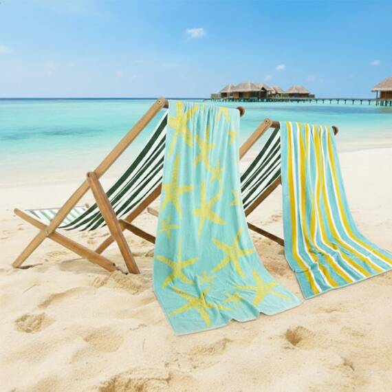 Casa Copenhagen Miami Strandtüchern, 2-Stück Geschenkset aus – Seestern Blaugrün + Gelb gestreift, 75x150 cm extragroße Pooltüchern 100% Baumwolle (perfekte Sommer Geschenkset für Damen & Herren)