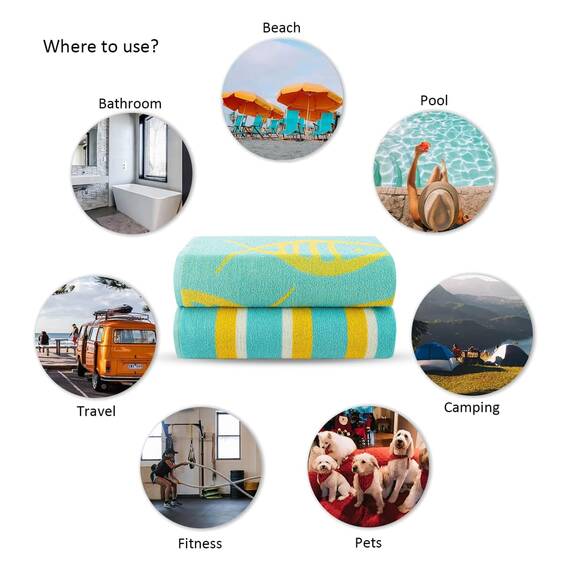 Casa Copenhagen Miami Strandtüchern, 2-Stück Geschenkset aus – Fisch Blaugrün + Gelb gestreift, 88x177 cm extragroße Pooltüchern 100% Baumwolle (perfekte Sommer Geschenkset für Damen & Herren)