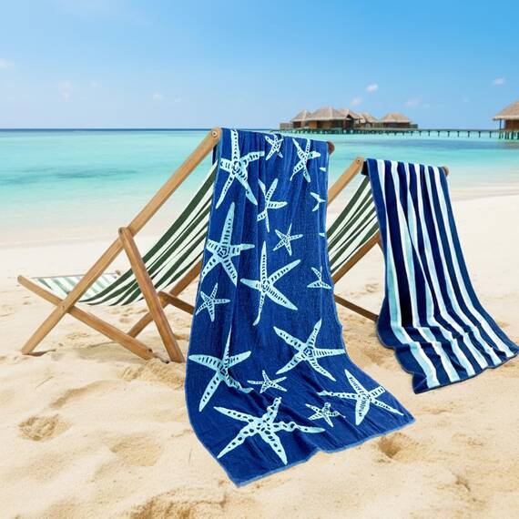 Casa Copenhagen Miami Strandtüchern, 2-Stück Geschenkset aus – Seestern Marineblau + Türkis gestreift, 88x177 cm extragroße Pooltüchern 100% Baumwolle (perfekte Sommer Geschenkset für Damen & Herren)