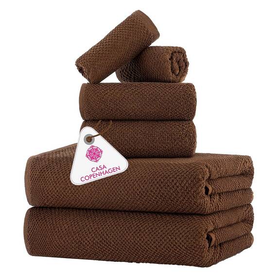 Casa Copenhagen 6-teiliges Handtuchset mit Popcorn-Struktur – Bernsteinbraun, 550 g/m², 2 Badetücher, 2 Handtücher, 2 Waschlappen, strapazierfähige Baumwollhandtücher, Geschenkset fürs Badezimmer