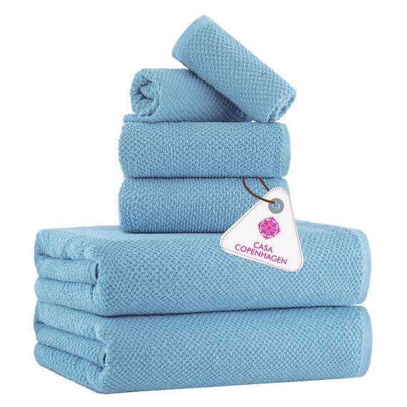 Casa Copenhagen 6-teiliges Handtuchset mit Popcorn-Struktur – Taubenblau, 550 g/m², 2 Badetücher, 2 Handtücher, 2 Waschlappen, strapazierfähige Baumwollhandtücher, Geschenkset fürs Badezimmer