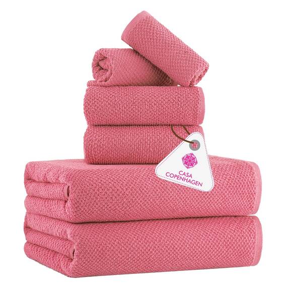 Casa Copenhagen 6-teiliges Handtuchset mit Popcorn-Struktur – Pastellrosa, 550 g/m², 2 Badetücher, 2 Handtücher, 2 Waschlappen, strapazierfähige Baumwollhandtücher, Geschenkset fürs Badezimmer