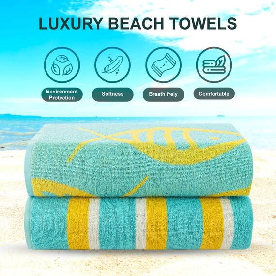 Casa Copenhagen Miami Strandtüchern, 2-Stück Geschenkset aus – Fisch Blaugrün + Gelb gestreift, 88x177 cm extragroße Pooltüchern 100% Baumwolle (perfekte Sommer Geschenkset für Damen & Herren)