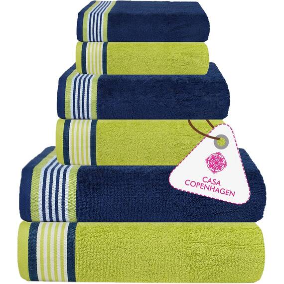 Casa Copenhagen 6-teiliges Handtuch-Set, Kalifornienblau + Kaliforniengrün, 550g/m², 2Badetücher, 2Handtücher, 2Waschlappen aus weicher ägyptischer Baumwolle für Badezimmer, Küche und Dusche