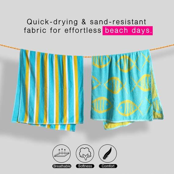 Casa Copenhagen Miami Strandtüchern, 2-Stück Geschenkset aus – Fisch Blaugrün + Gelb gestreift, 88x177 cm extragroße Pooltüchern 100% Baumwolle (perfekte Sommer Geschenkset für Damen & Herren)