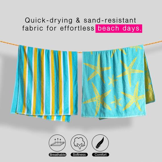 Casa Copenhagen Miami Strandtüchern, 2-Stück Geschenkset aus – Seestern Blaugrün + Gelb gestreift, 75x150 cm extragroße Pooltüchern 100% Baumwolle (perfekte Sommer Geschenkset für Damen & Herren)
