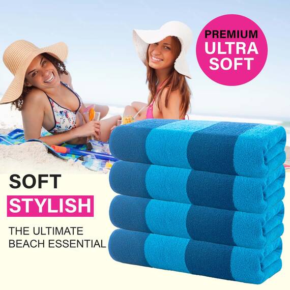 Casa Copenhagen Malibu Strandtücher, entworfen in Dänemark, robust & widerstandsfähig, schnelltrocknend, für Pool, Bad & Dusche, 76x152 cm, 4-teiliges Strand & Badetuch-Set aus Baumwolle-Blau/Türkis
