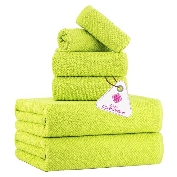 Casa Copenhagen 6-teiliges Handtuchset mit Popcorn-Struktur – Limettengrün, 550 g/m², 2 Badetücher, 2 Handtücher, 2 Waschlappen, strapazierfähige Baumwollhandtücher, Geschenkset fürs Badezimmer