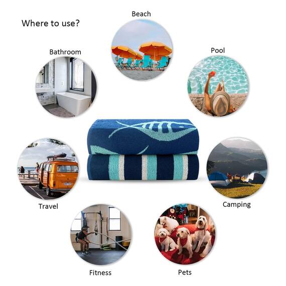 Casa Copenhagen Miami Handtücher 2-Stück Geschenkset aus – Fisch Marineblau + Türkis gestreift, 88 x 177 cm extragroße Pooltüchern 100% Baumwolle (perfekte Sommer Geschenkset für Damen & Herren)