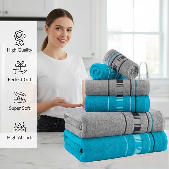 Casa Copenhagen X-line 2-teiliges XL-Designer Badetuch-Set aus 100% ägyptischer Baumwolle Grau Türkis, 600 g/m², 90x180 cm Badetücher für das Badezimmer (perfekte Geschenkset für Damen & Herren)