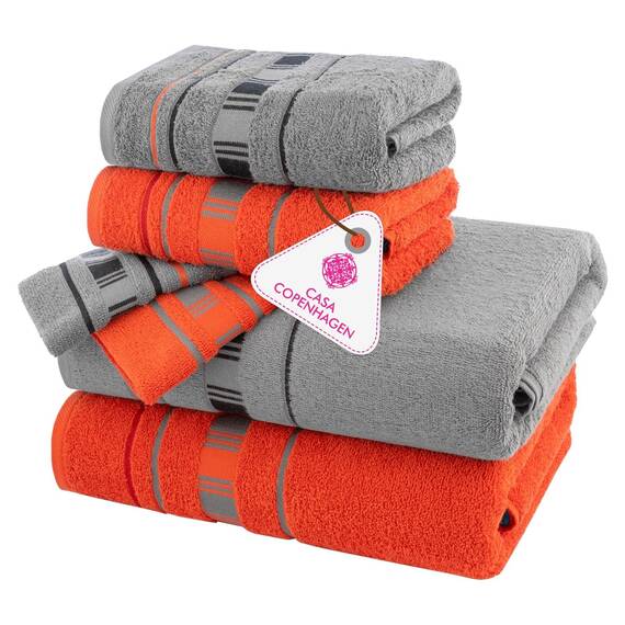 Casa Copenhagen, 6teiliges Designer Handtuch Geschenkset aus 100% ägyptischer Baumwolle –Grau Rot, 600 g/m² (2Badetücher, 2Handtücher, 2Waschhandschuhe) Geschenkbox für Damen & Herren