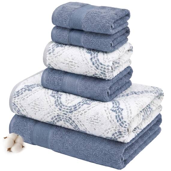 Modern Threads Capri Wende-Handtuchset aus garngefärbtem Jacquard, 6-teilig, Badetücher, Handtücher und Waschlappen, sehr saugfähig und schnell trocknend, 100% gekämmte Baumwolle, Denim