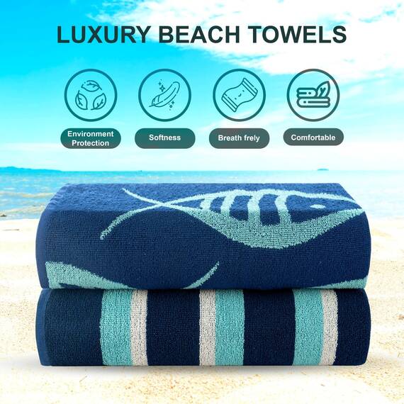 Casa Copenhagen Miami Handtücher 2-Stück Geschenkset aus – Fisch Marineblau + Türkis gestreift, 88 x 177 cm extragroße Pooltüchern 100% Baumwolle (perfekte Sommer Geschenkset für Damen & Herren)