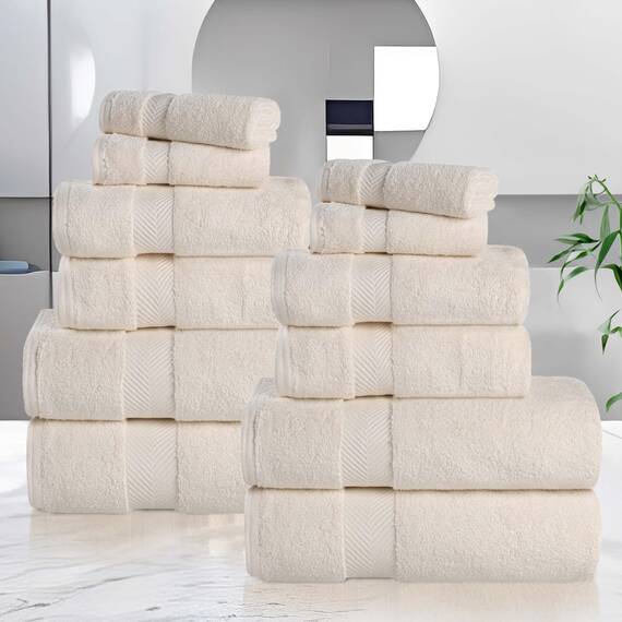 Superior Zero Twist Handtuch-Set, Baumwolle, 12-teilig, 4 Badetücher, 4 Handtücher, 4 Waschlappen/Gesichtstücher, schnell trocknend, für Zuhause, Dusche, Spa, luxuriös, weich, saugfähig, Elfenbein