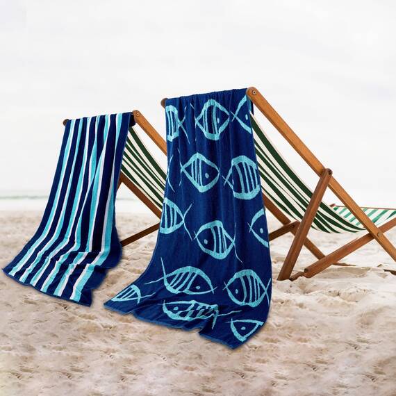 Casa Copenhagen Miami Handtücher 2-Stück Geschenkset aus – Fisch Marineblau + Türkis gestreift, 88 x 177 cm extragroße Pooltüchern 100% Baumwolle (perfekte Sommer Geschenkset für Damen & Herren)
