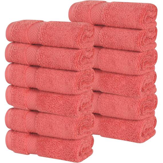 Superior Baumwoll-Gesichtstuch-/Waschlappen-Set, kleine Handtücher, für Spa, Hotel, Gäste, Zuhause, flauschig, weich, saugfähig, luxuriös, schnell trocknend, Zero Twist Kollektion, 12-teilig, Koralle