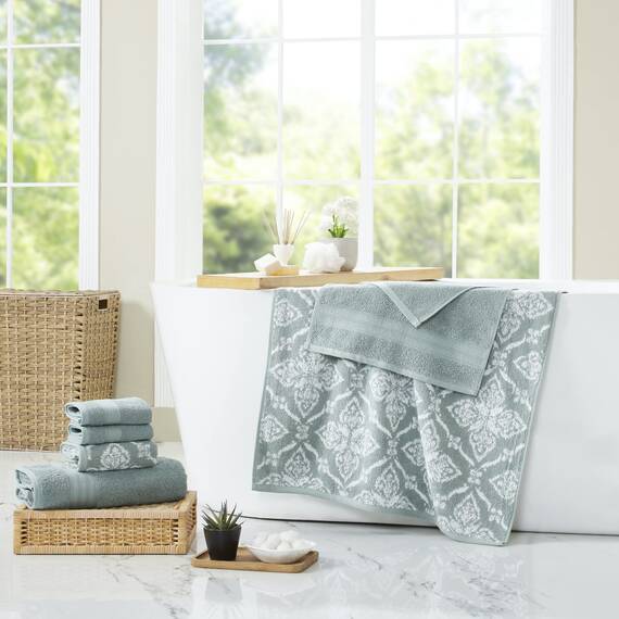 Modern Threads Amaris Wende-Handtuchset aus garngefärbtem Jacquard, 6-teilig, Badetücher, Handtücher und Waschlappen, sehr saugfähig und schnell trocknend, 100% gekämmte Baumwolle, elefenbeinfarben