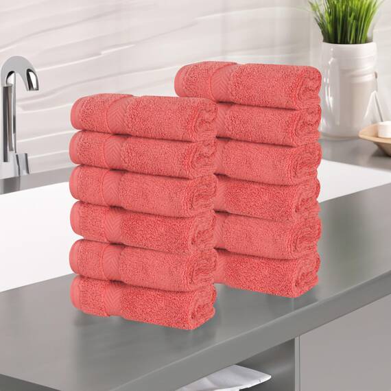 Superior Baumwoll-Gesichtstuch-/Waschlappen-Set, kleine Handtücher, für Spa, Hotel, Gäste, Zuhause, flauschig, weich, saugfähig, luxuriös, schnell trocknend, Zero Twist Kollektion, 12-teilig, Koralle