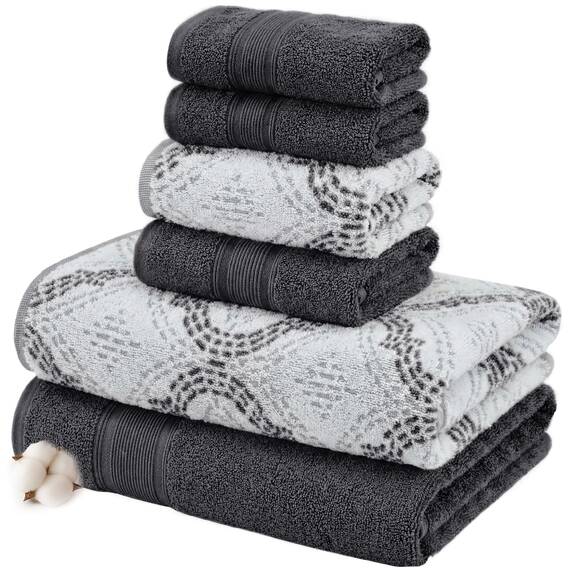 Modern Threads Capri Wende-Handtuchset aus garngefärbtem Jacquard, 6-teilig, Badetücher, Handtücher und Waschlappen, sehr saugfähig und schnell trocknend, 100% gekämmte Baumwolle, Anthrazit