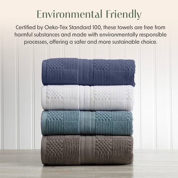 Springtree Home Badetuch-Set aus 100% Baumwolle, 4-teilig, blaue Handtücher, geometrisches strukturiertes Design, saugfähig & schnelltrocknend, 4 Badetücher, Oeko-TEX Standard 100 Baumwolle