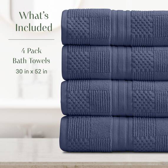 Springtree Home Badetuch-Set aus 100% Baumwolle, 4-teilig, blaue Handtücher, geometrisches strukturiertes Design, saugfähig & schnelltrocknend, 4 Badetücher, Oeko-TEX Standard 100 Baumwolle
