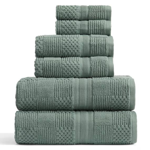 Springtree Home Badetuch-Set aus 100 % Baumwolle, 6-teiliges Set, grüne Badetücher, geometrisches strukturiertes Design, saugfähig und schnelltrocknend, Oeko-TEX Standard 100 Baumwolle