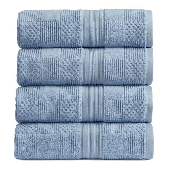 Springtree Home Badetuch-Set aus 100% Baumwolle, 4-teilig, blaue Handtücher, geometrisches strukturiertes Design, saugfähig & schnelltrocknend, 4 Badetücher, Oeko-TEX Standard 100 Baumwolle