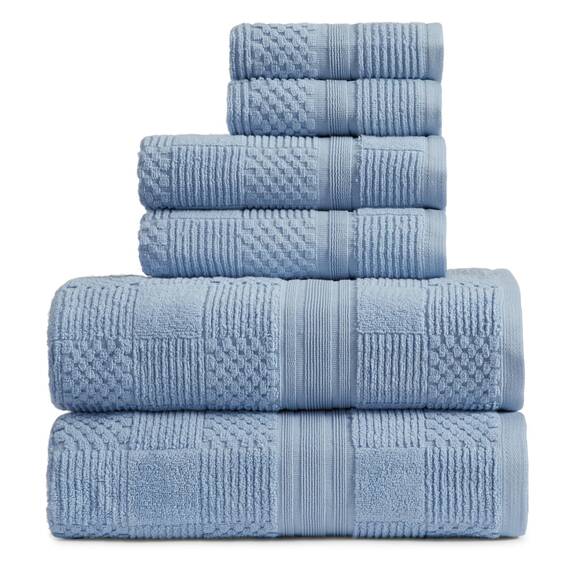 Springtree Home Badetuch-Set aus 100 % Baumwolle, 6-teiliges Set, blaue Handtücher, geometrisches strukturiertes Design, saugfähig und schnelltrocknend, Oeko-TEX Standard 100 Baumwolle