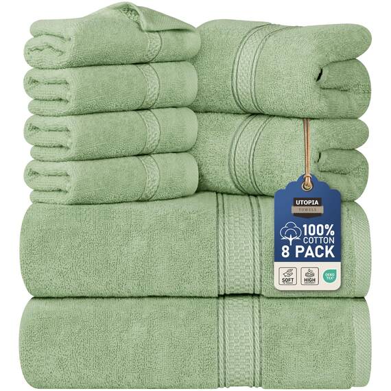 Utopia Towels 8-teiliges Handtuch-Set, Salbeigrün, 2 Badetücher, 2 Handtücher und 4 Waschlappen, 100% Baumwolle