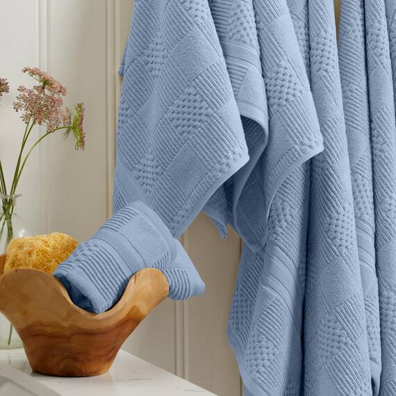Springtree Home Badetuch-Set aus 100 % Baumwolle, 6-teiliges Set, blaue Handtücher, geometrisches strukturiertes Design, saugfähig und schnelltrocknend, Oeko-TEX Standard 100 Baumwolle