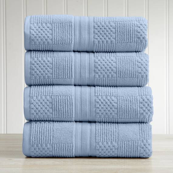 Springtree Home Badetuch-Set aus 100% Baumwolle, 4-teilig, blaue Handtücher, geometrisches strukturiertes Design, saugfähig & schnelltrocknend, 4 Badetücher, Oeko-TEX Standard 100 Baumwolle