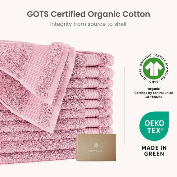 BIOWEAVES Waschlappen aus 100 % Bio-Baumwolle, 700 g/m², Plüsch, Premium-Waschlappen, 33 x 33 cm, GOTS-zertifiziert, perfekt für Zuhause und Badezimmer, Staubrosa, 12 Stück