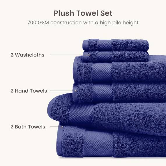 BIOWEAVES Badetuch-Set aus 100 % Bio-Baumwolle, 700 GSM Plüsch, 6-teiliges Premium-Handtuch-Set, GOTS-zertifiziert, 2 Badetücher, 2 Handtücher und 2 Waschlappen – Marineblau