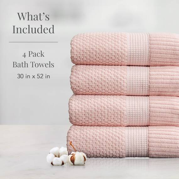 NY Loft Badetuch aus 100 % Baumwolle, superweich und saugfähig, schnell trocknend, strukturierte und strapazierfähige Baumwolle, Trinity-Kollektion, 4 Stück, 76,2 x 132,1 cm, Hellrosa