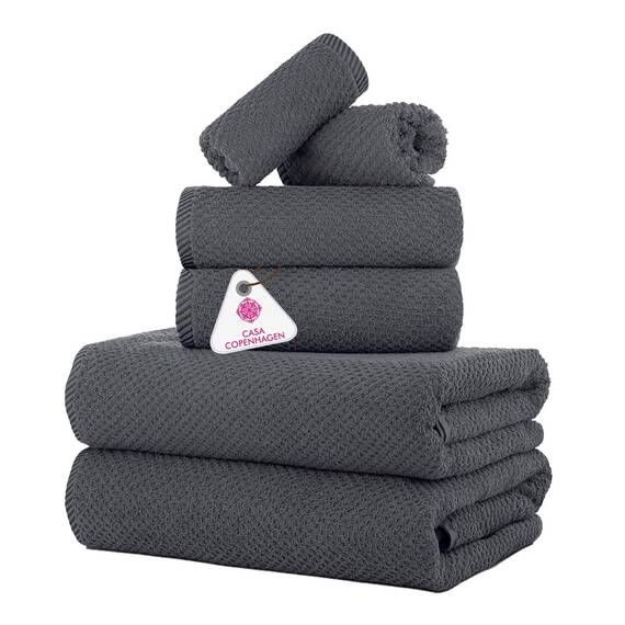 Casa Copenhagen Popcorn 6-teiliges Handtuch-Set – Kiefer Grau, 600 g/m², 2 Badetücher, 2 Handtücher, 2 Waschlappen aus weicher ägyptischer Baumwolle für Badezimmer, Küche und Dusche