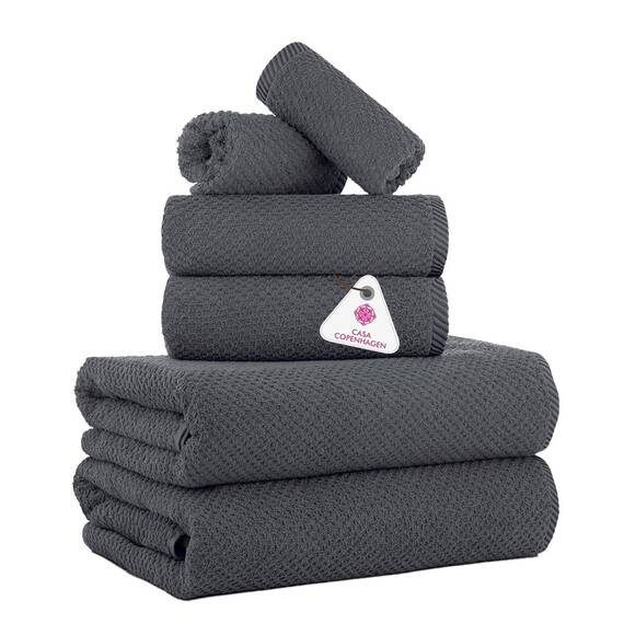 Casa Copenhagen Popcorn 6-teiliges Handtuch-Set – Kiefer Grau, 600 g/m², 2 Badetücher, 2 Handtücher, 2 Waschlappen aus weicher ägyptischer Baumwolle für Badezimmer, Küche und Dusche