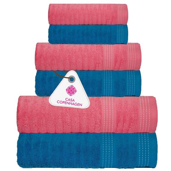 Casa Copenhagen, 6teiliges Designer Handtuch Geschenkset aus 100% ägyptischer Baumwolle –Rosa + Blaugrün, 600 g/m² (2Badetücher, 2Handtücher, 2Waschhandschuhe) Geschenkbox für Damen & Herren