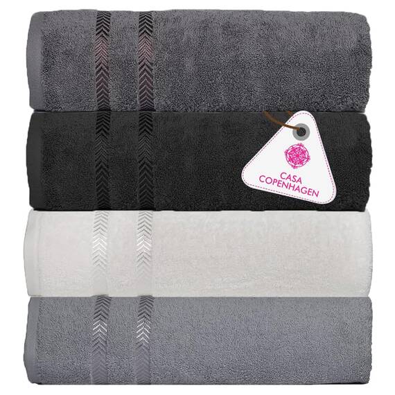 Casa Copenhagen Ember, 500 g/m², 69x140 cm große Badetücher, 4er-Set, Ägyptische Baumwolle -Hellgrau+Weiß+Schwarz Dunkelgrau –Badetücher für das Badezimmer (Perfektes Geschenkset für Männer & Frauen)