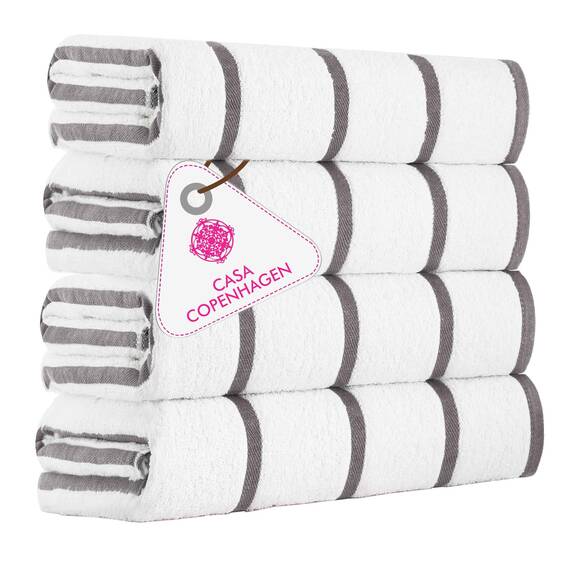 Casa Copenhagen Cabana Pool 4-teiliges Set großer Badetücher 76x152 cm, 550 GSM, in Dänemark entworfen, aus weicher ägyptischer Baumwolle für Badezimmer, Küche & Dusche- Grauweiß gestreift