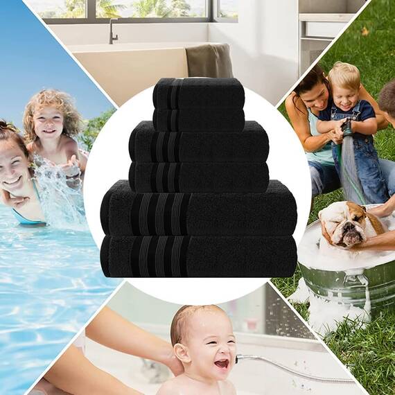 Casa Copenhagen 6-teiliges Set aus 100% Baumwolle – Strahlendes Schwarz, 600 g/m², 2 Badetücher, 2 Handtücher, 2 Waschlappen, aus ägyptischer Baumwolle, weiche Luxushandtücher für Hotels